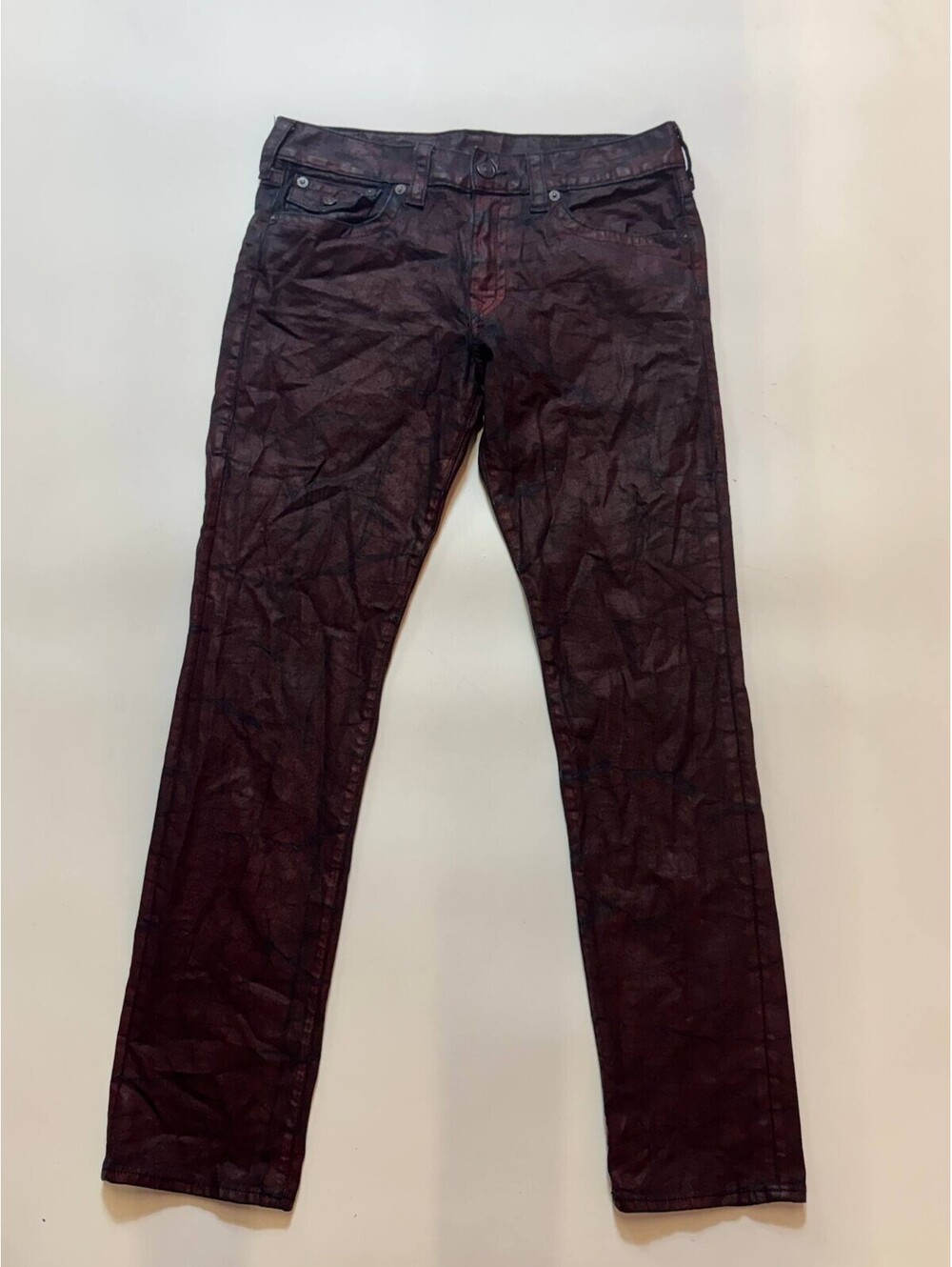 True Religion Mens Jeans 33 Burgundy Black Coated Waxed Made in USA